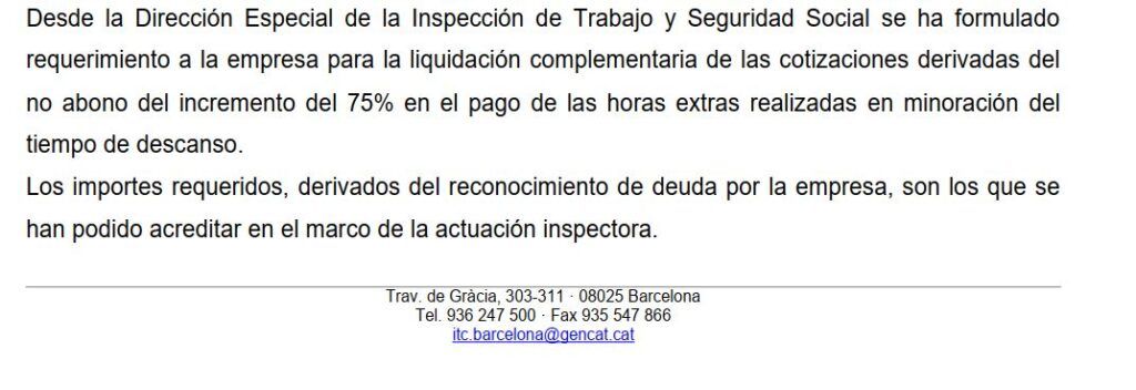 LA INSPECCIÓN DE TRABAJO CONFIRMA QUE I-SEC NO PAGÓ EL 75% ADICIONAL EN HORAS EXTRAS