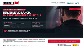 Curso de vigilancia en eventos musicales gratis en Barcelona: formación especializada de 20 horas en 2026 Curso de vigilancia en eventos musicales gratis en Barcelona. Formación presencial de 20 horas para vigilantes con TIP. Fechas, temario e inscripción.