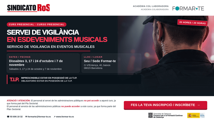Curso de vigilancia en eventos musicales gratis en Barcelona. Formación presencial de 20 horas para vigilantes con TIP. Fechas, temario e inscripción.